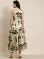 Beige & Peach-Coloured Floral One Shoulder Layered Maxi Dress - Image 4