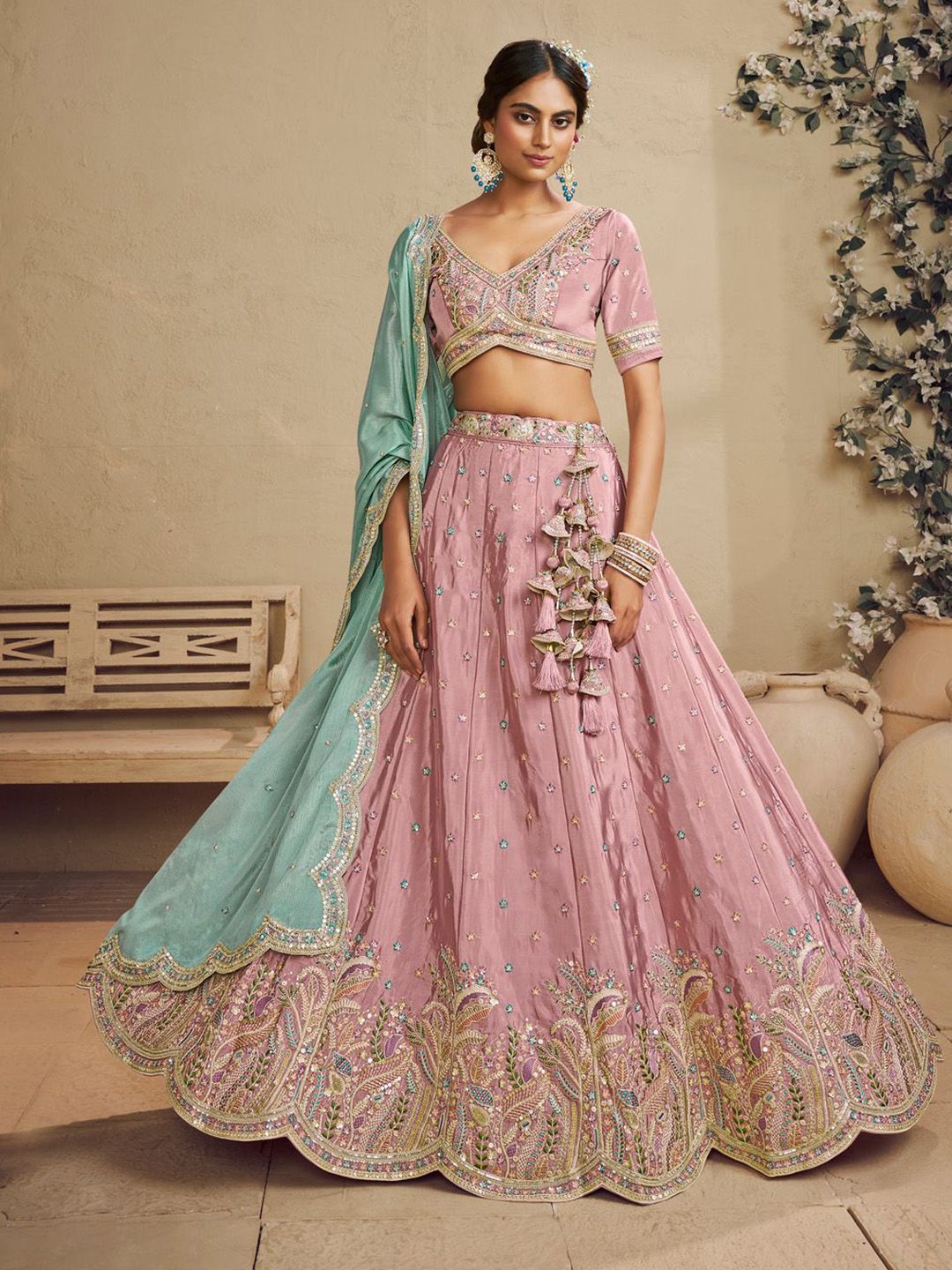G3nAjqo8_a0c67ad239d9496d91abf6228aa8bf5c.jpg Embroidered Sequinned Satin Semi-Stitched Lehenga & Blouse With Dupatta - Image 1