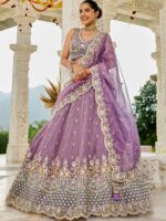 Purple Embroidered Sequinned Satin Silk Ready To Wear Lehenga & Choli With Dupatta