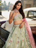 Embroidered Beads and Stones Semi-Stitched Lehenga & Unstitched Blouse With Dupatta - Image 3