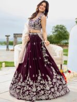 Wine Embroidered Satin Silk Beads & Stone Ready To Wear Lehenga Choli With Dupatta - Image 3
