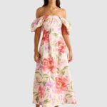 Women Floral Printed Off-Shoulder Fit and Flare Midi Dress