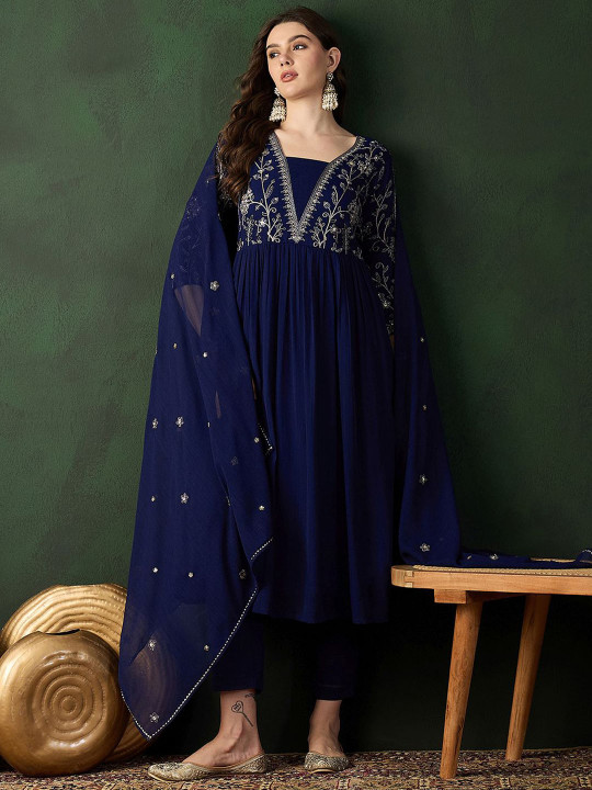 Navy Blue Ethnic Motifs Embroidered A-Line Kurta With Trouser & Dupatta