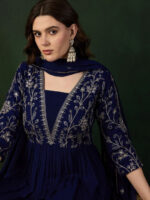 Navy Blue Ethnic Motifs Embroidered A-Line Kurta With Trouser & Dupatta - Image 2