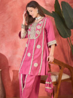 Women Floral Embroidered & Sequined A-Line Kurta With Palazzos & Bag