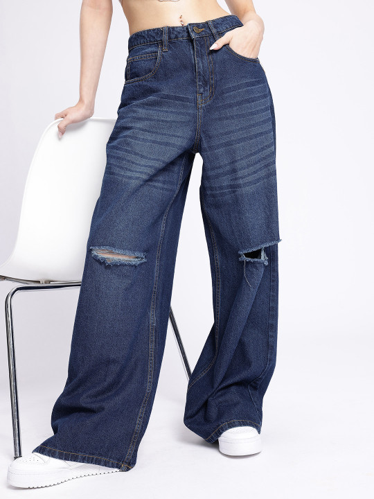 Women Wide Leg Slash Knee Light Fade Jeans