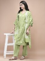 Women Cotton Jacquard Green Woven Kurta Comfort Pant Dupatta