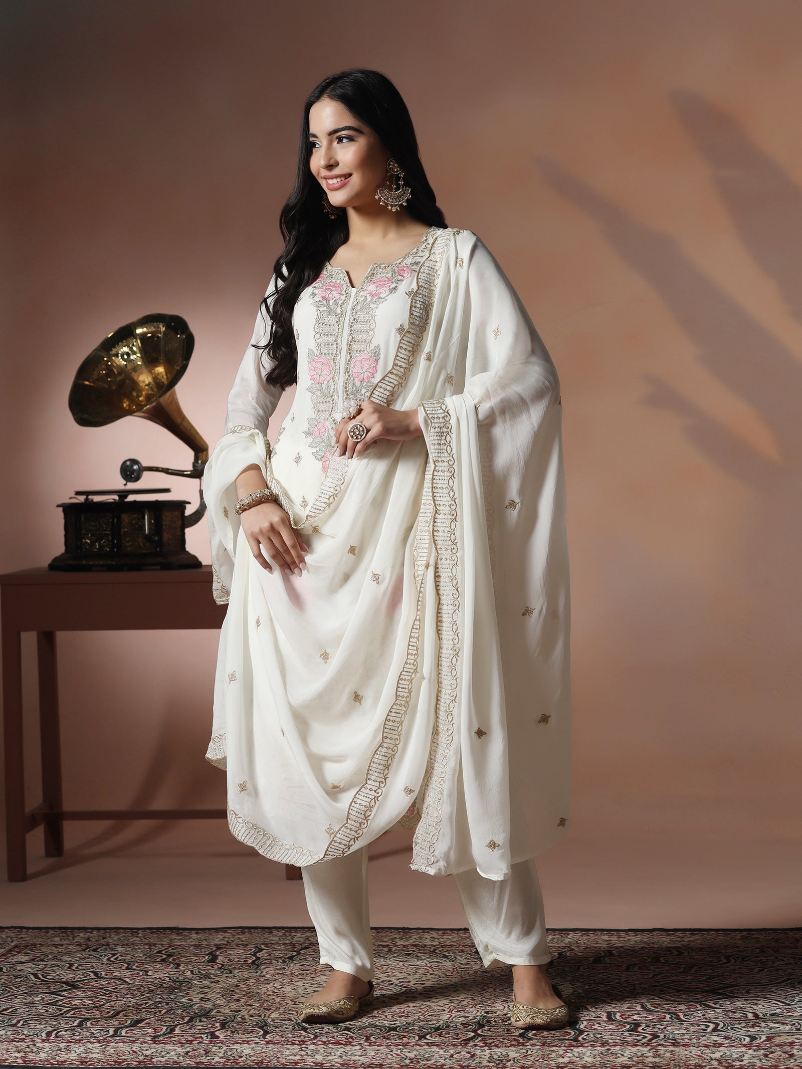 Women Viscose Organza White Embroidered Kurta Comfort Pant Dupatta