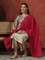 Women Silk Blend Beige Embroidered Kurta Comfort Pant Dupatta