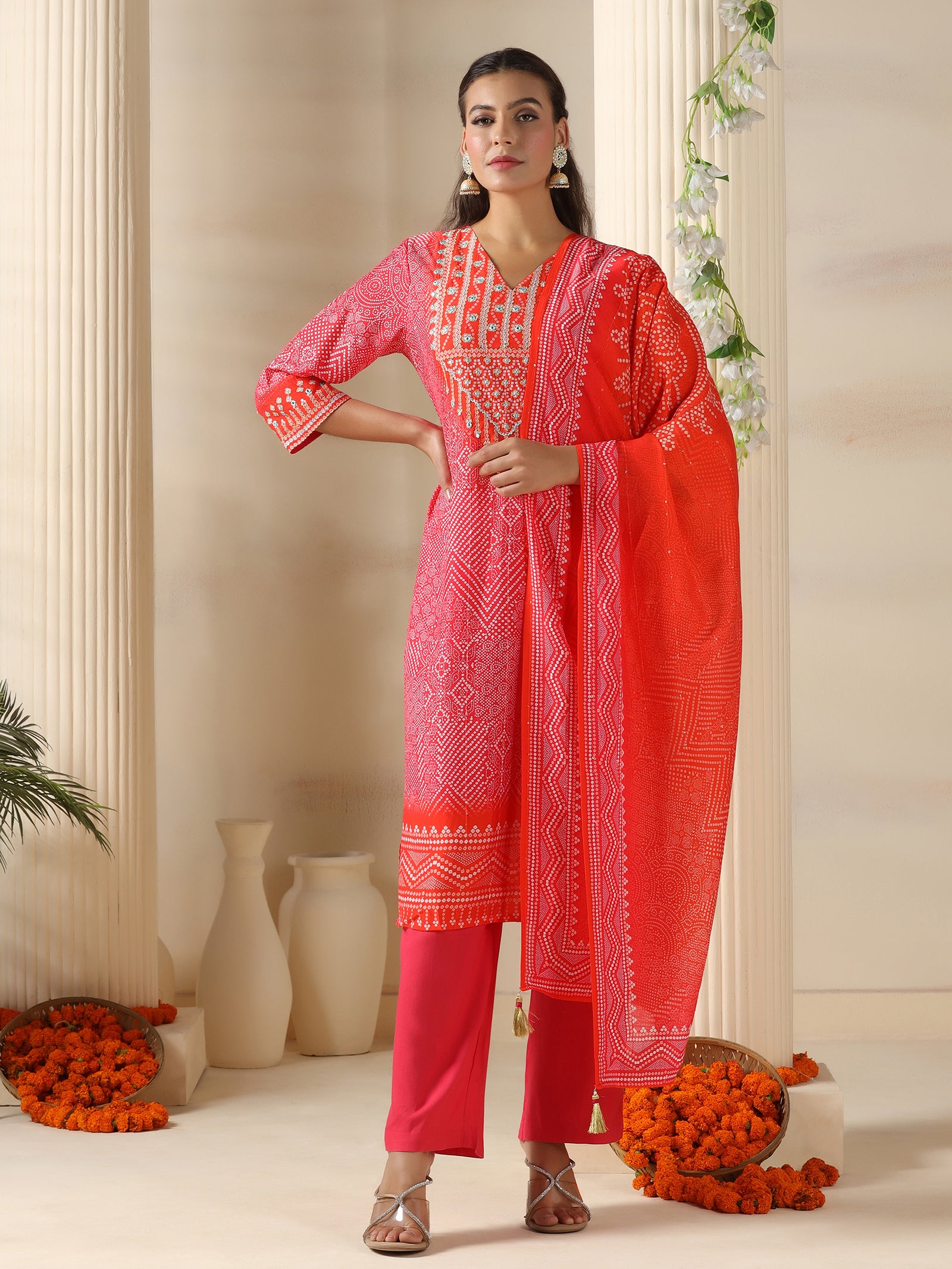 Women Chanderi Pink Bandhani Print embroidered Kurta Comfort Pant Dupatta