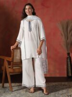 Women Liva Off White Embroidered Kurta Comfort Pant Dupatta