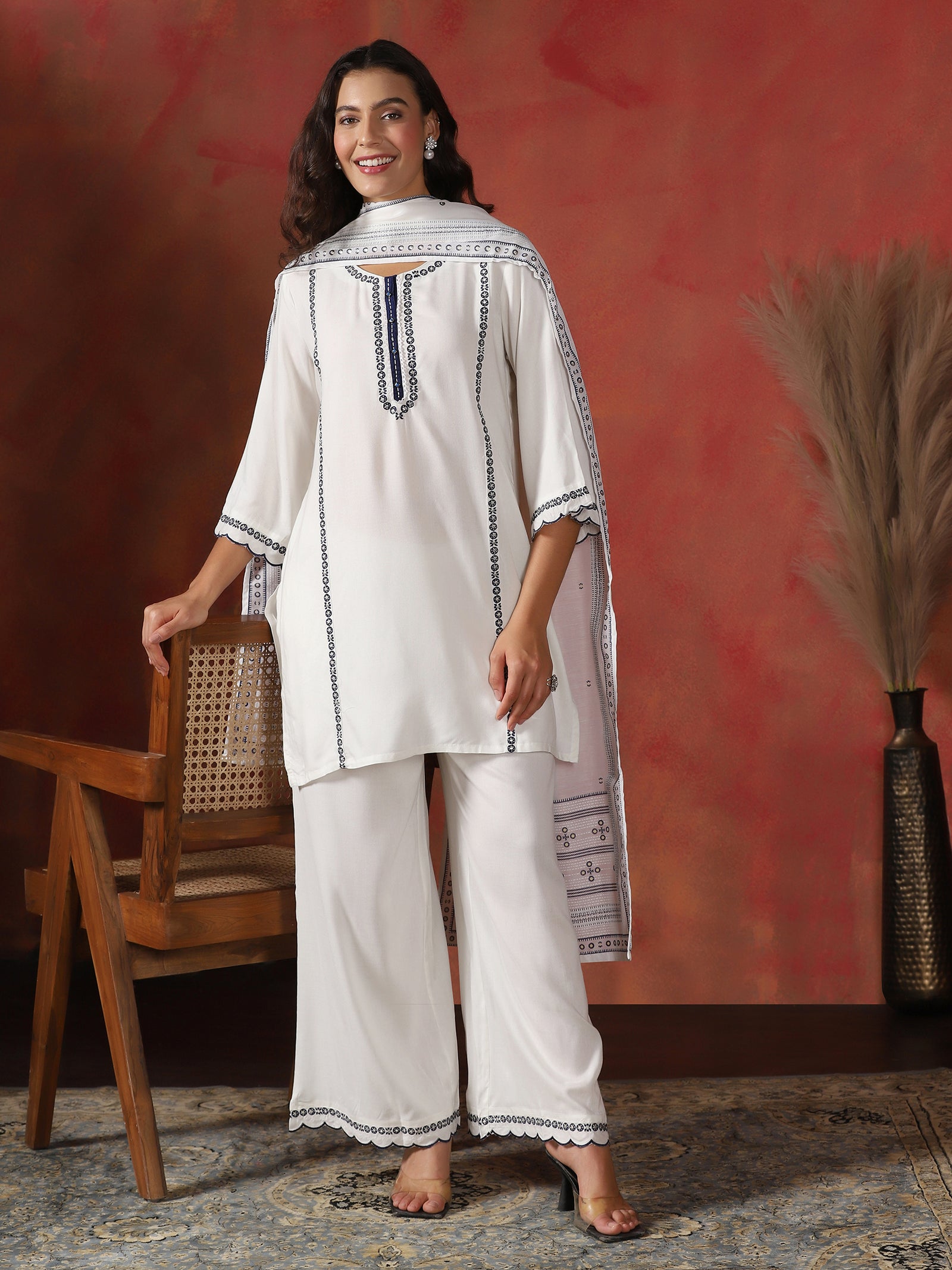 Women Liva Off White Embroidered Kurta Comfort Pant Dupatta